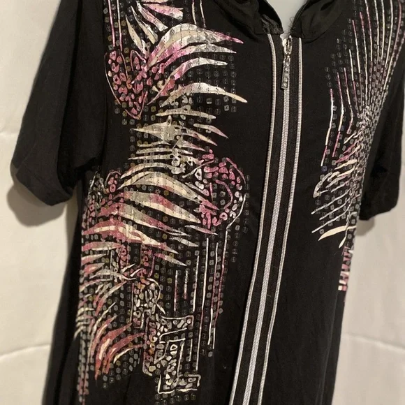 Black Sequin Chiffon Hoodie Zip Front Tunic Handkerchief Hem